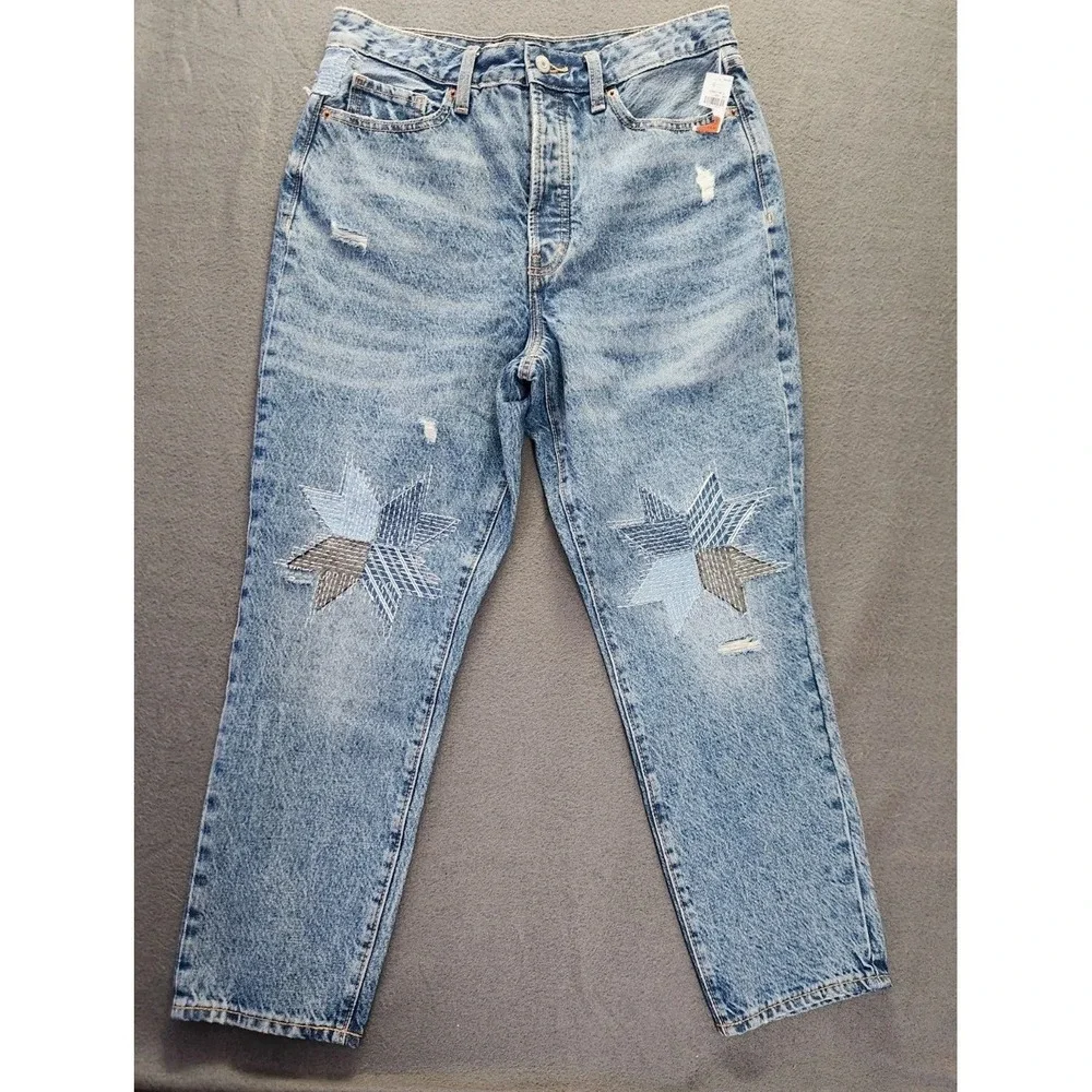 Old Navy Jeans Women 12 Star Patches O.G. Straight High Rise Button Fly Boho NWT